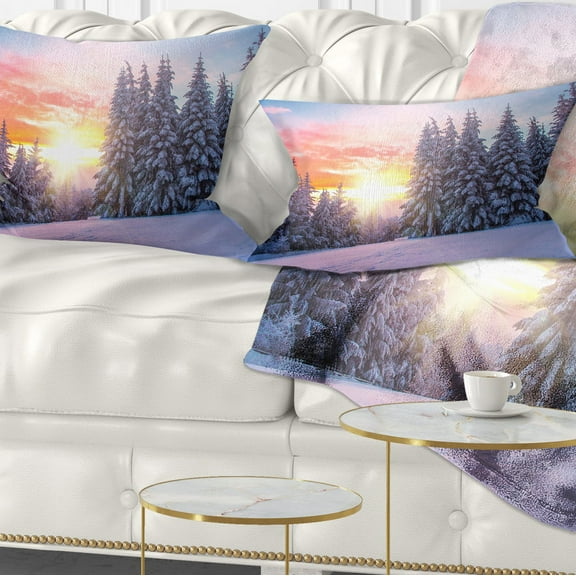 Designart Winter Sunset in Bulgaria - Landscape Photo Throw Pillow - 12x20