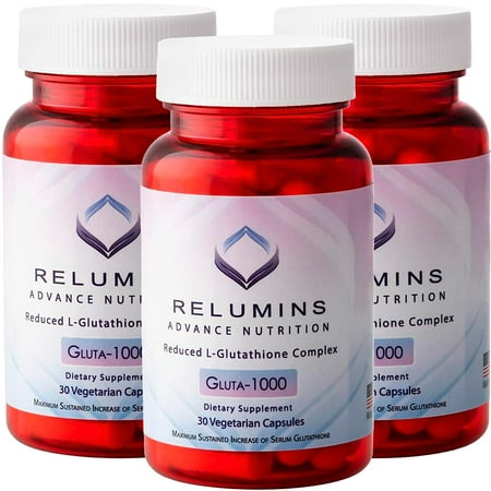 Relumins Advance Nutrition Gluta 1000 - Reduced L-Glutathione, Alpha Lipoic Acid & Rose Hips - Antioxidant Support for Skin & Overall Wellness - 30 Veg Capsules x 3 Bottles (45-Day Supply)