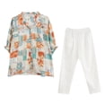 thumbnail image 4 of Traje de verano de algodón y lino Shot, camiseta de manga corta de verano, conjunto informal grande de dos piezas de estilo occidental, 4 of 4