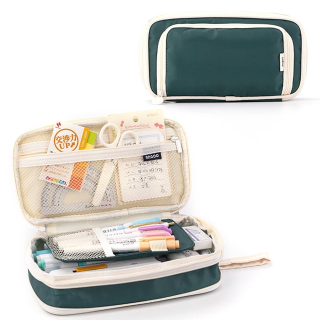 Stationery,Layer Pencil Bag With Handle Canvas Construction Multiple Pockets Mesh Pocket Design Ideal Pencil And Pen Storage For Accessories