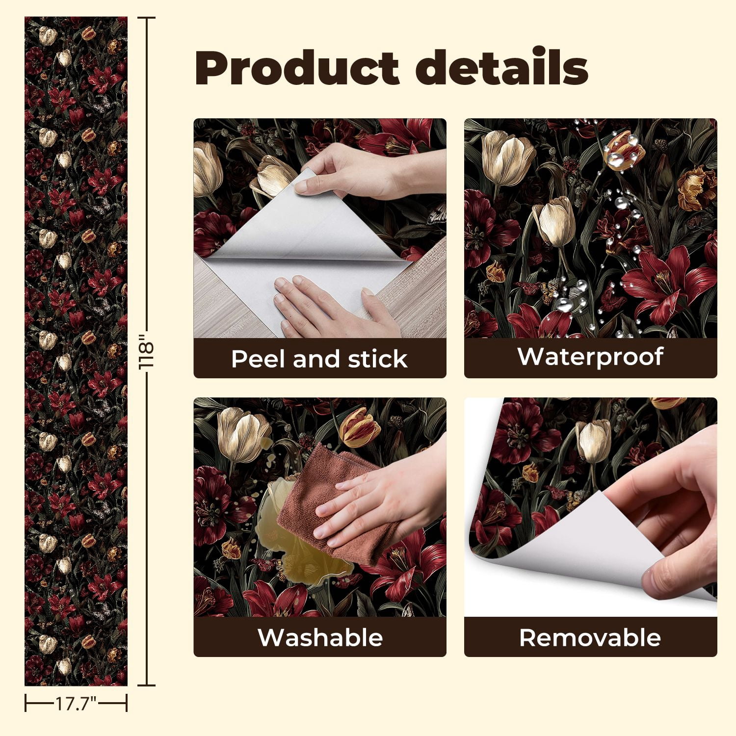 Peel and Stick Wallpaper Vintage Floral Tulips Lilies Butterflies Dark Wall Mural 17.7in x 9.8ft Self Adhesive Removable Wall Paper Renter Friendly Wallpaper for Nursery Bedroom Cabinets
