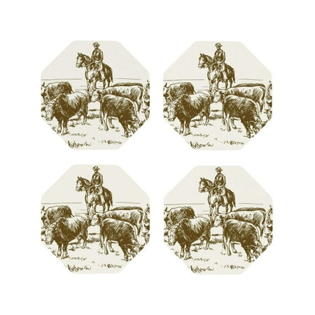 

KLL Drink Coasters Set Octagon of 4 PU Leather Absorbent Coasters Set Decorative Coffee Cup Coasters Housewarming Gift for Home Decor-Cattle Drive By Two Cowboys