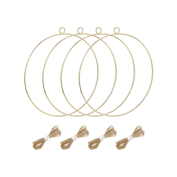 Uxcell 8 Inch Round Metal Floral Hoop Wreath Macrame Rings with Ropes for Hanging Decor, Gold Tone 4 Pack