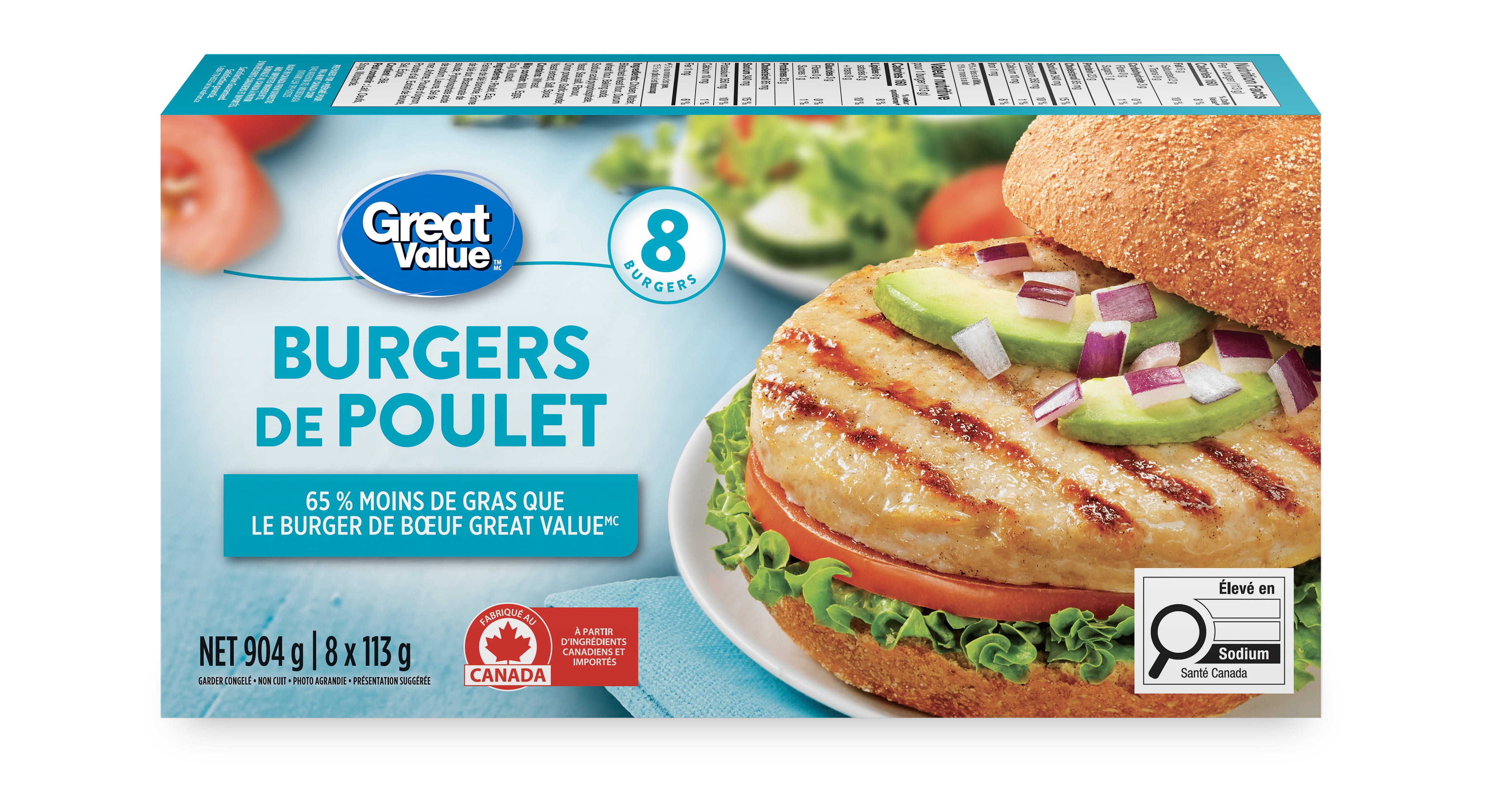Burgers de poulet surgelés Great Value 8 x 113 g, 904 g
