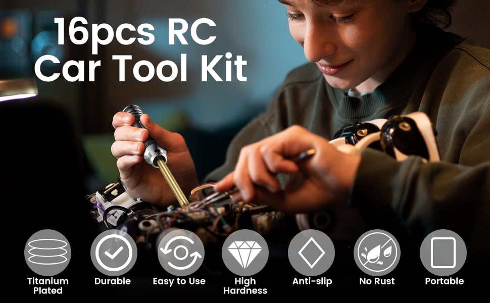 RC Hex Driver Set (16pc) - Titanium Allen Screwdriver Kit for Drone, RC Car & Helicopter