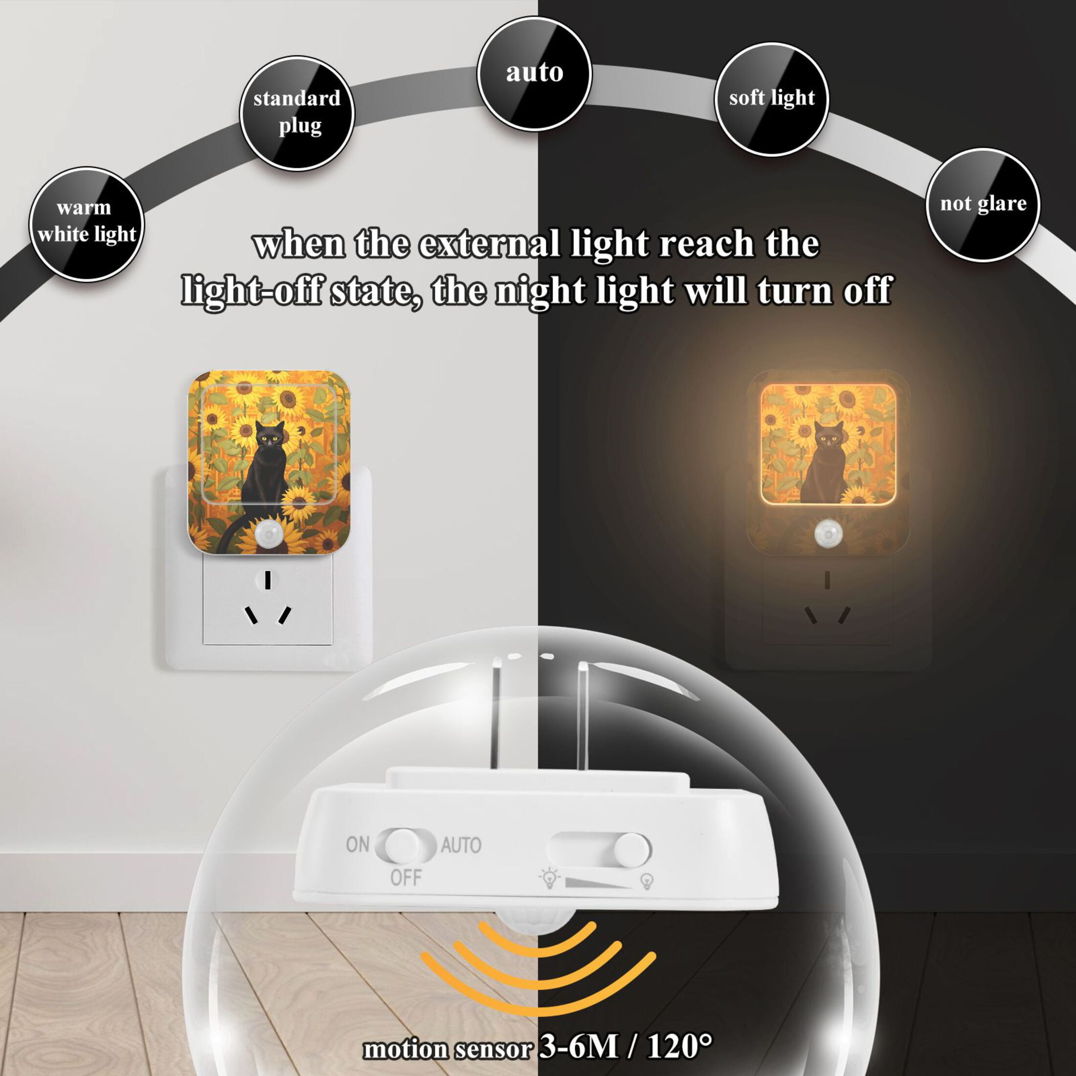 Cat Sunflowers Night Lights Plug into Wall LED with Auto Light Sensor Warm Light for Kids Hallway Bedroom Living Room Kitchen Bathroom Set of 2