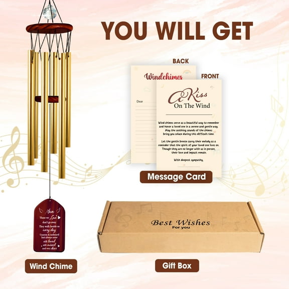 Memorial Wind Chimes Personalized for Son, Walnut Outdoor Sympathy Wind Chime with Crystal Pendant, Double-Sided Engraved Cardinal Tree Design, Bereavement Gift Includes Poem Card, Sunflower Card