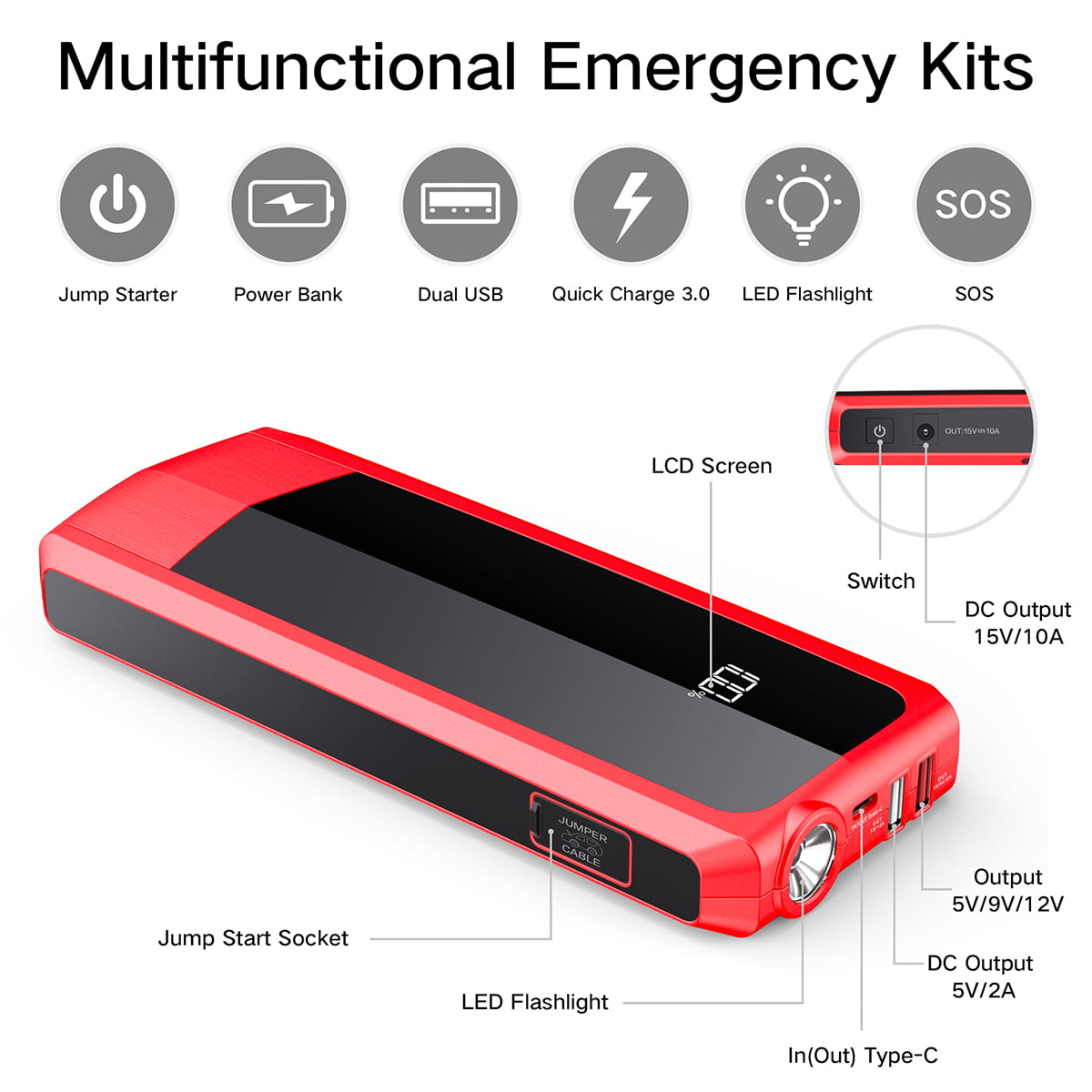 6 in 1 Multi-Function Audew Car Jump Starters 2000A 20000mAh Battery Charger 