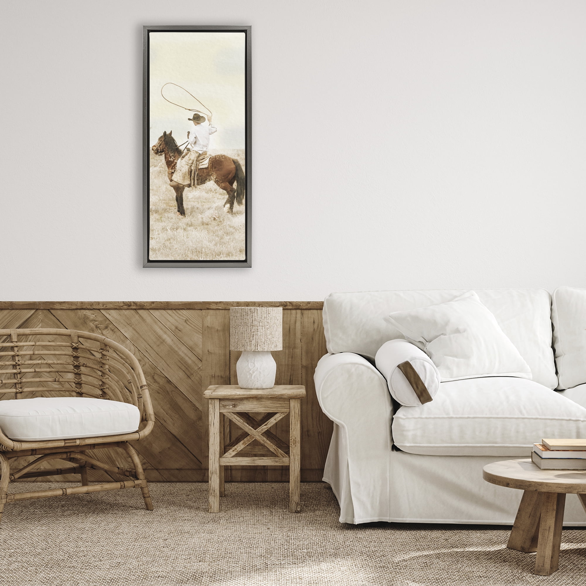 Stupell Industries Wrangling Cowboy Lasso Gray Framed Floater Canvas Wall Art, design by Marcus Prime