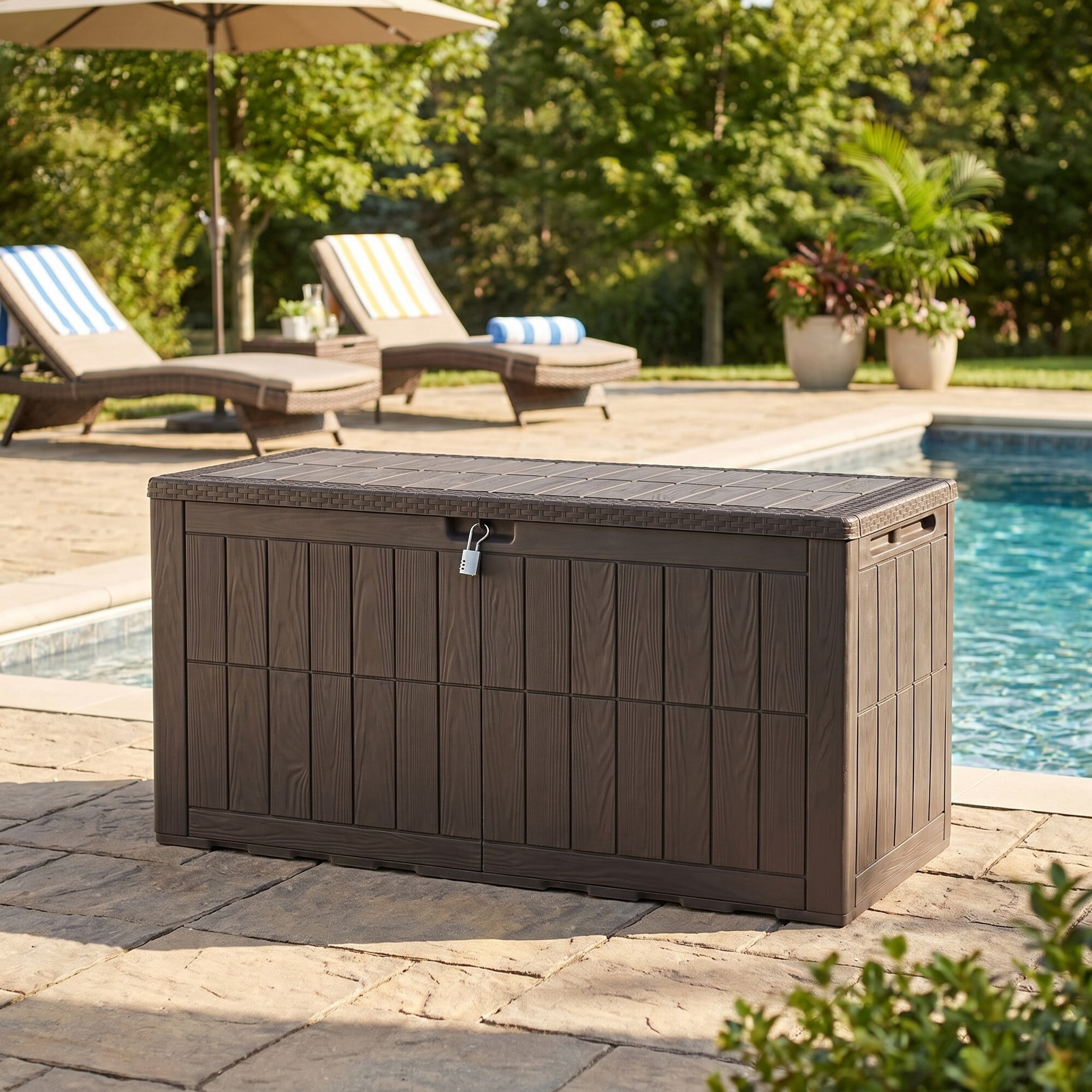 Uforic 134 Gallon Waterproof Outdoor Storage Box with Lock, Resin Deck Box with Hydraulic Support, Weatherproof Storage Bin for Patio Cushions Garden Tools Pool Supplies, Dark Brown