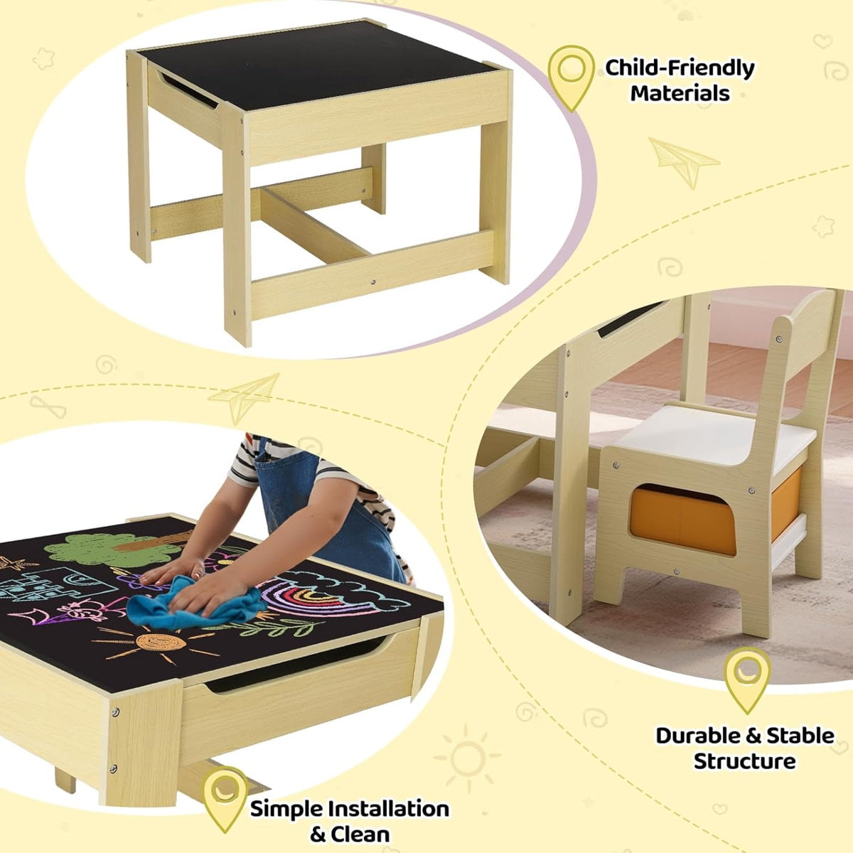 Pirecart Kids Table and 2 Chairs Set Wooden Children Activity Table with Blackboard, Storage Drawer, Yellow