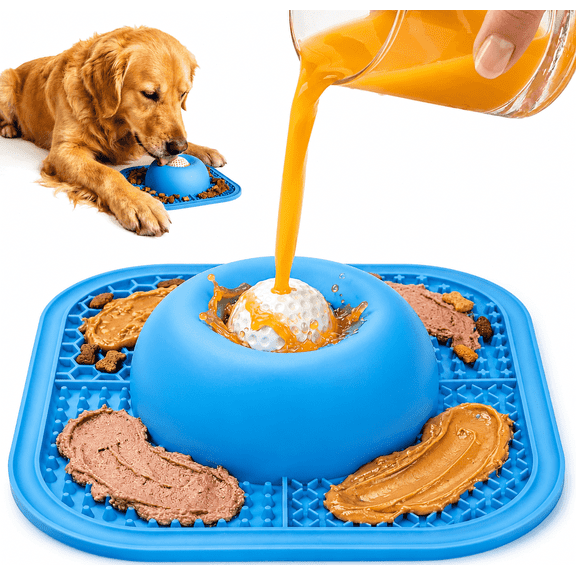 Slow Feeder Dog Bowl & Lick Mat, 2-in-1 Silicone Dog Lick Bowl with Rolling Ball, Non-Slip 5/6 Cup Feeder for Dogs Cats, Blue