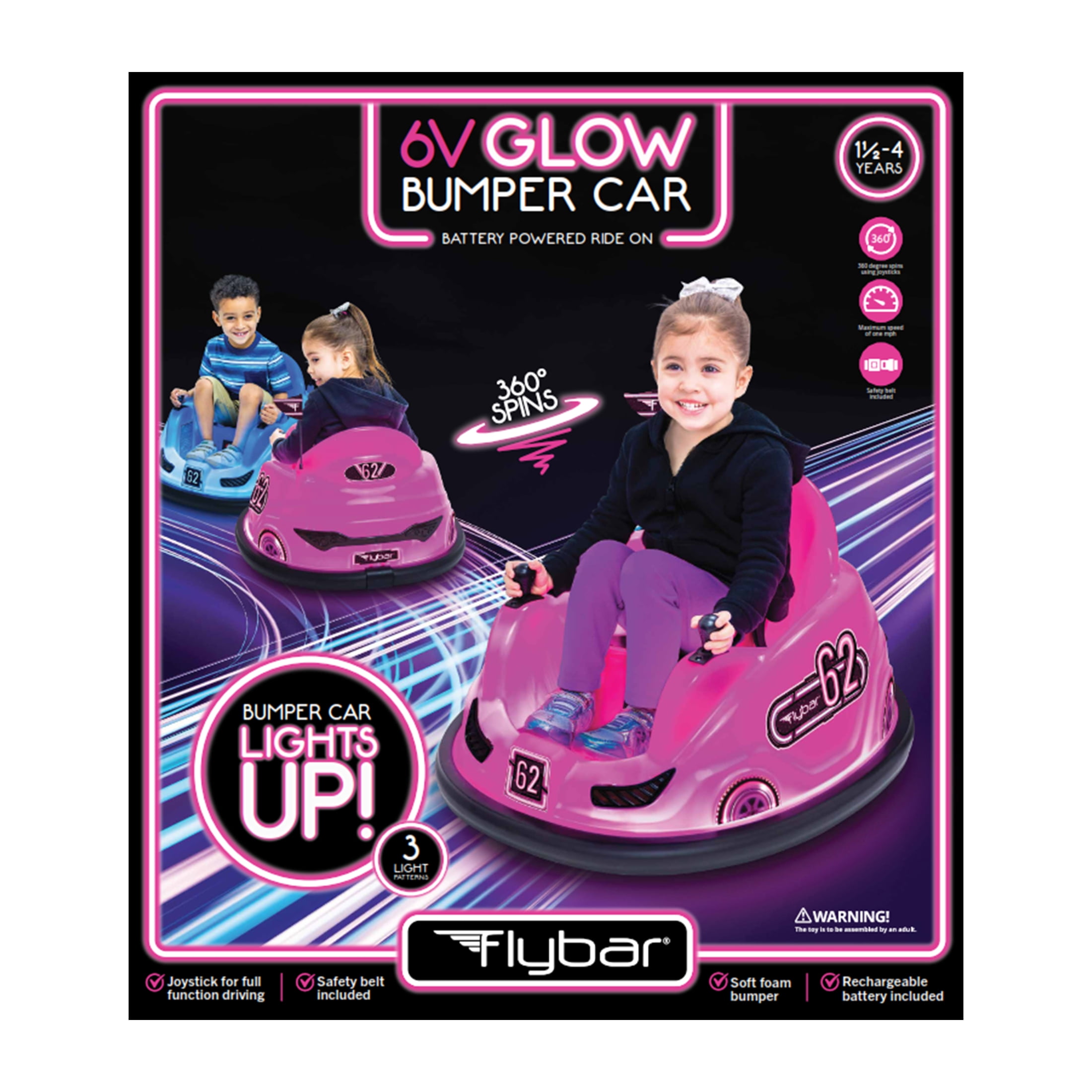Pink Glow 6V Bumper Car, Battery Powered Ride On for Children by Flybar, Ages 1.5+, 66lbs