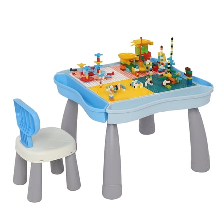 Kids Activity Table Set, Multi-Activity Table Set with Storage Area, 300PCS Building Blocks