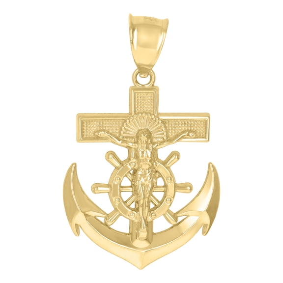 10k Yellow Gold Mens Crucifix Anchor Religious Charm Pendant