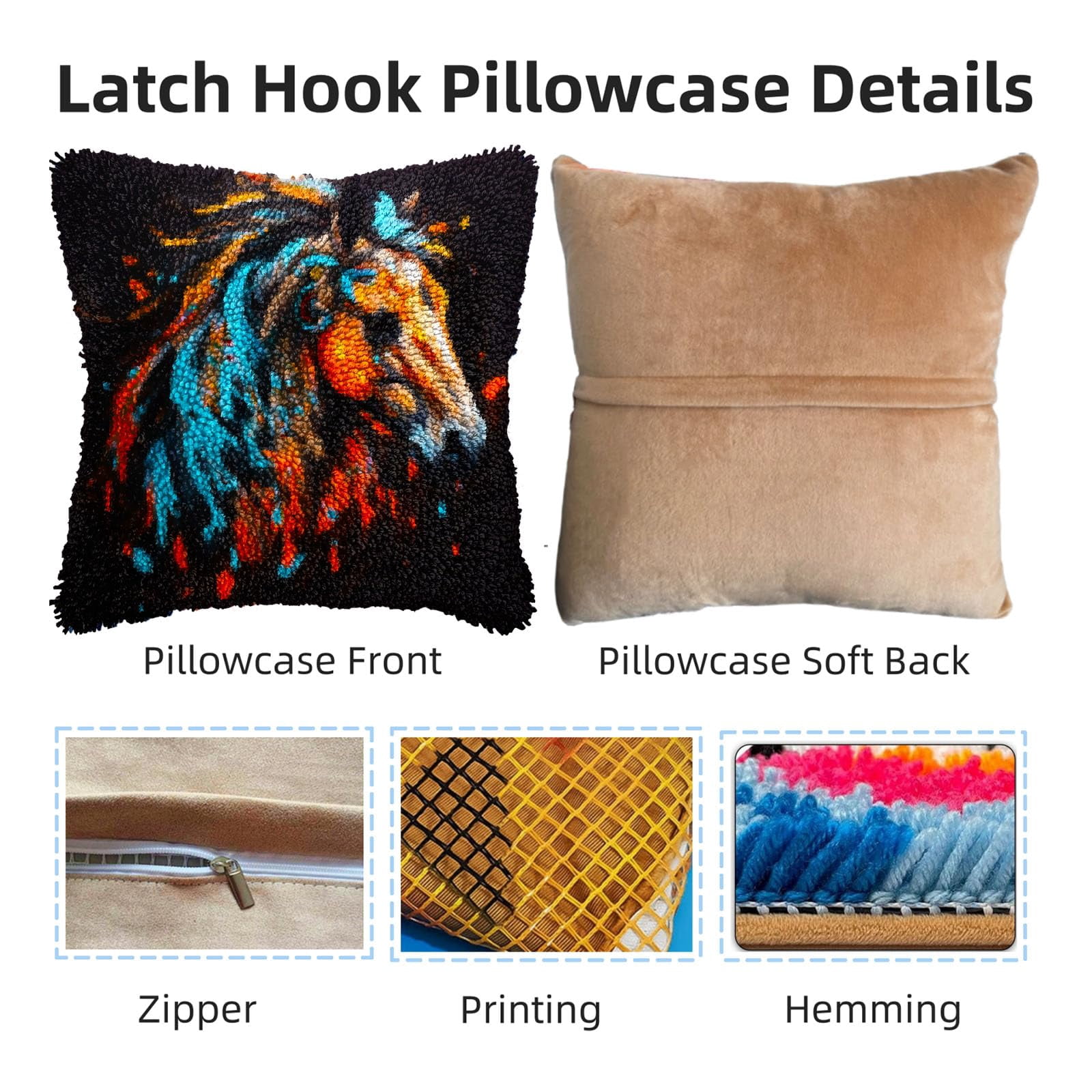 Colorful Indian War Horse DIY Latch Hook Pillow Kits for Adults Printed Pillowcase Crochet Yarns Hooking Handmade Pillow Cover Cushion for Home Sofa Decoration 17x17inch(1)