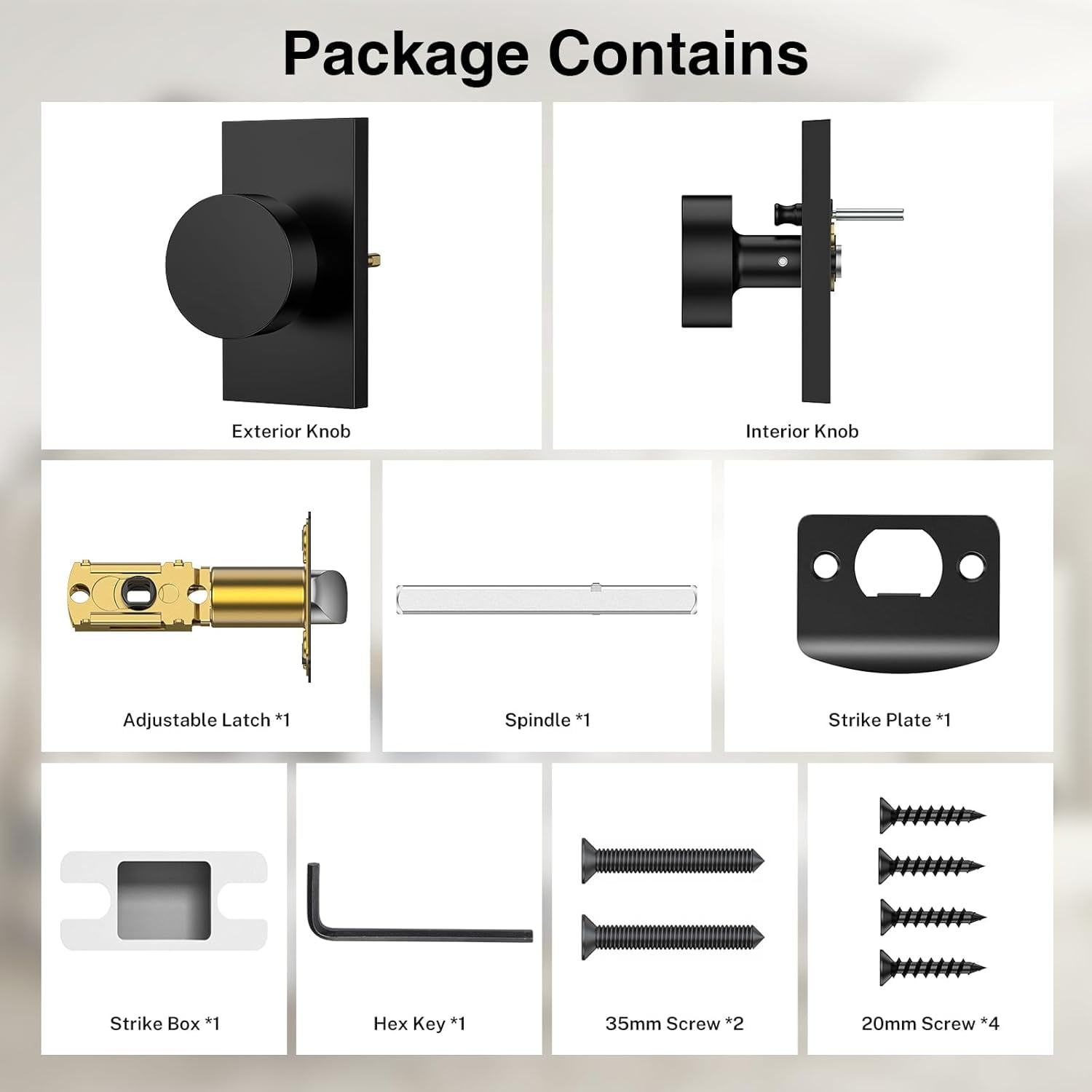 5 Pack Door Knob, Privacy Door Knobs with Lock, Rectangle Modern Door Handles, Matte Black