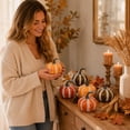 thumbnail image 5 of 4 Pcs 4 Inch Striped Artificial Pumpkins Halloween Pumpkin Decorations Fall Pumpkin Decor for Home Thanksgiving Halloween Tiered Tray Mantel Table Decor Red, 5 of 7