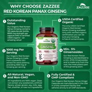 Zazzee USDA Organic Red Korean Panax Ginseng 1000 mg – Supports Energy & Focus – 20:1 Extract