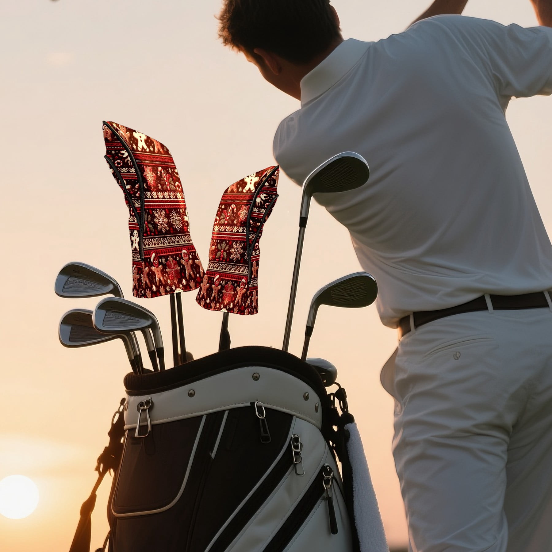 Golf Club Covers, Red Xmas Gingerbread Premium PU Leather Driver Hybrid Putter Head Covers with Velvet Lining, Waterproof Golf Gifts for Men Women