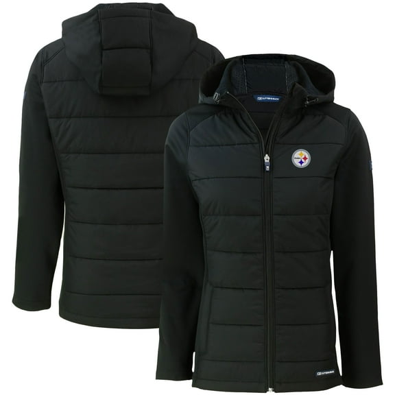 Women's Cutter & Buck Black Pittsburgh Steelers Evoke PrimaLoft Hybrid Eco Softshell Recycled Full-Zip Hooded Jacket