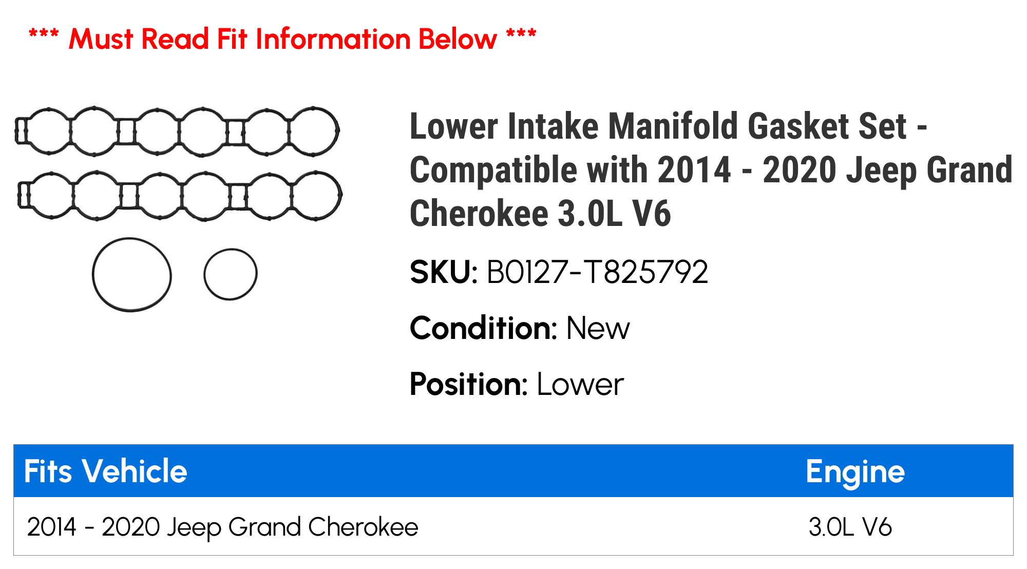 Lower Intake Manifold Gasket Set - Compatible with 2014 - 2020 Jeep Grand Cherokee 3.0L V6 2015 2016 2017 2018 2019