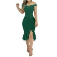thumbnail image 3 of THDHVS Wedding Guest Dress,Plus Size Cocktail Dress,Women Off Shoulder Bodycon Dress Pearl Detail High Slit Ruffle Hem Solid Color Army Green, 3 of 8