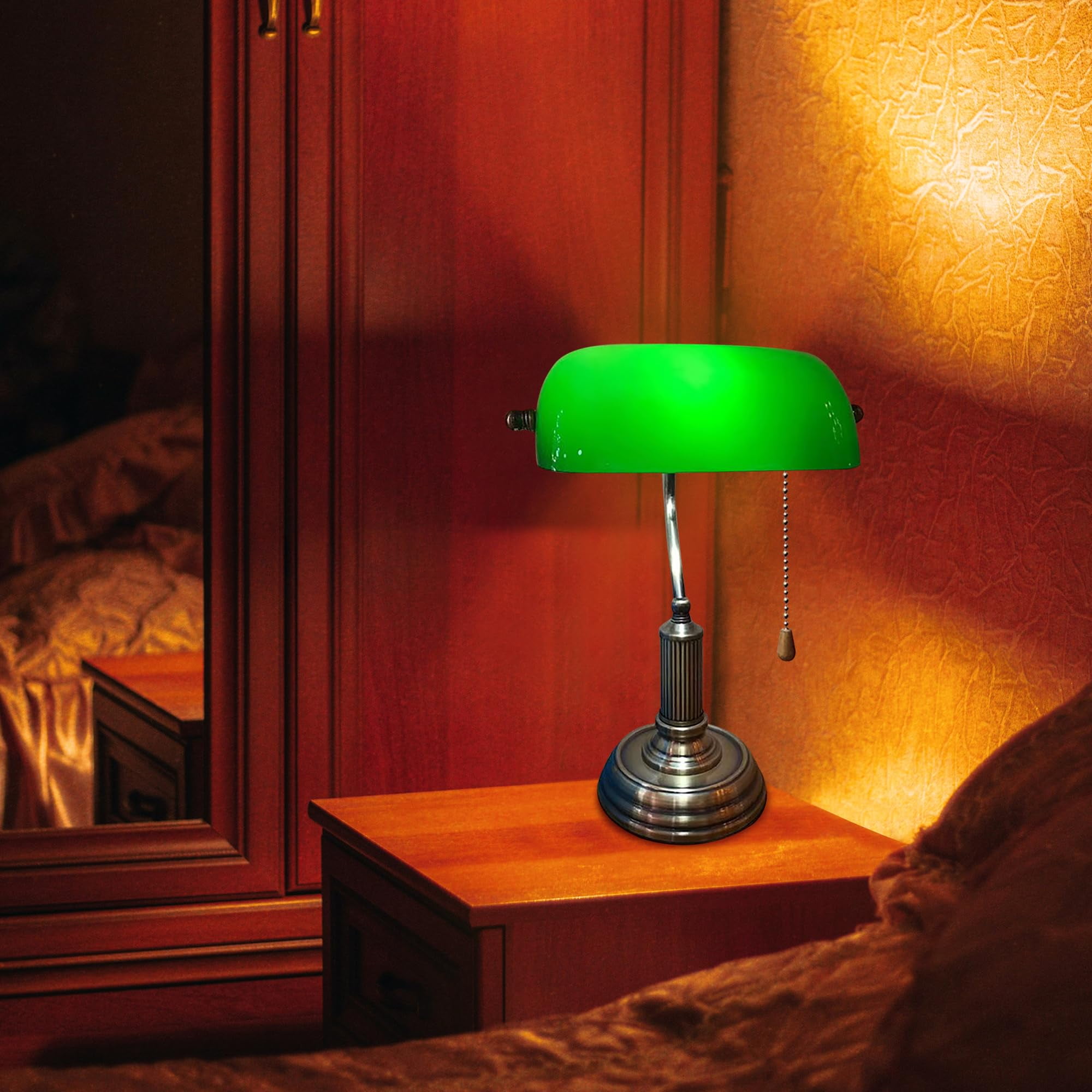 Kiven Cordless Bankers Table Lamp,1-Light Dimmable Bedside Lamps for Nightstand with Glass Lampshade, Vintage Rechargeable Desk Lamp for Reading Home Decor Bedside TD1120