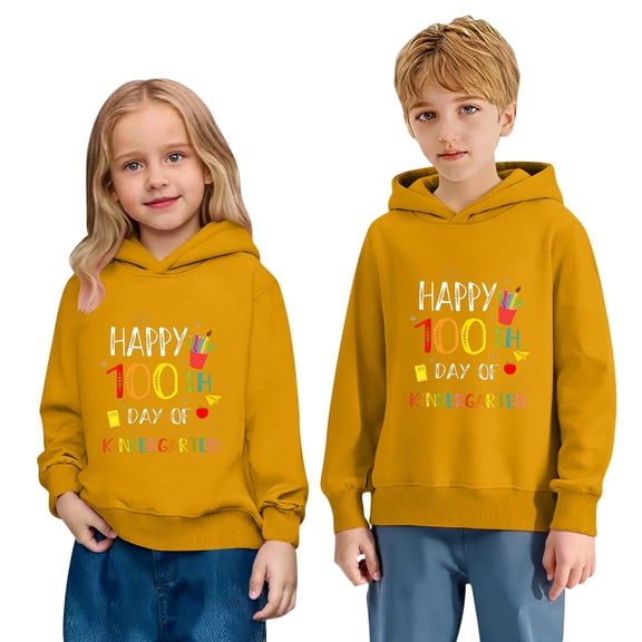IWRICH Happy 100th Days of Kindergarien Hoodies for Boys Girls Long Sleeve Lined Hooded Sweatshirts Cute Tops,Size 2-14 Years Yellow 160