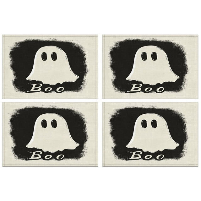 Placemats Cute Ghost Boo Halloween Spooky Placemats Set of 4 Autumn Halloween Table Mat Washable Anti-Skid Outdoor Indoor Table Mats for Wedding Restaurant & Camping