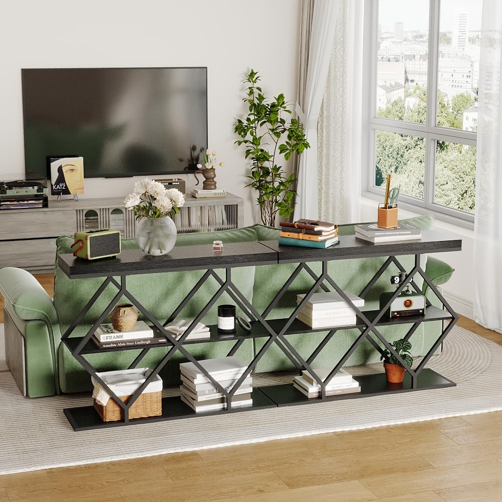 Litake 3-Tier Entryway Table, Industrial Console Sofa Table with Storage, Accent Table with Open Shelves, Diamond-Shaped Metal Frame, Foyer Table for Entryway, Hallway, Black