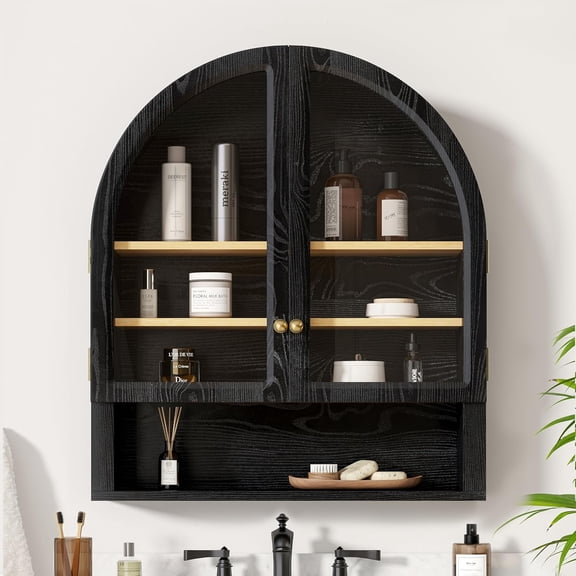 EYYTHUNG Arched Wall Cabinet, Floating Bathroom Medicine Cabinets, Modern Storage Cabinet with Acrylic Door and Open Shelf, Wall Mounted Storage Organizer for Bathroom, Laundry Room, Black-Oak
