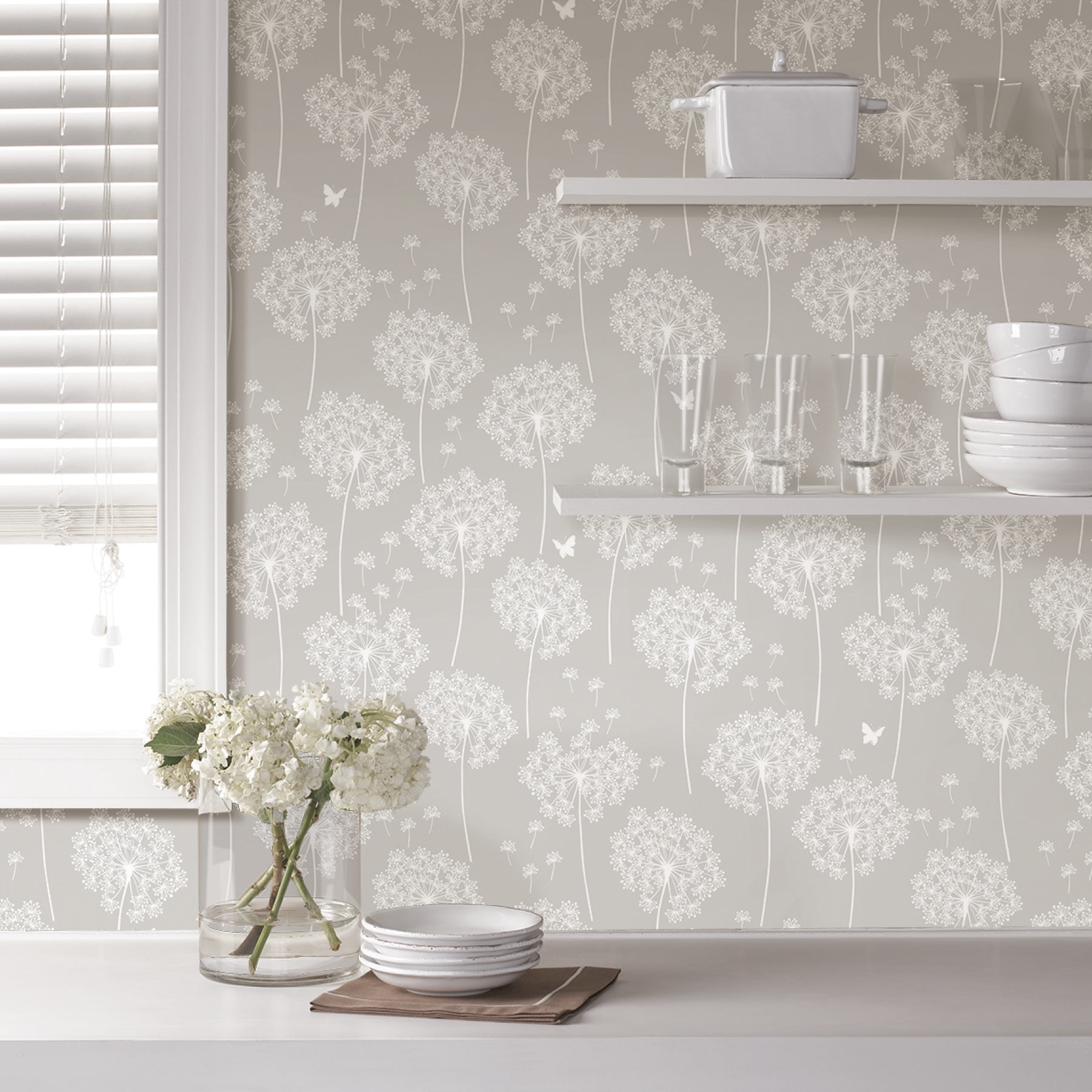 NuWallpaper Dandelion Grey Vinyl Peel And Stick Wallpaper, 216-in by 20.5-in, 30.75 sq. ft.