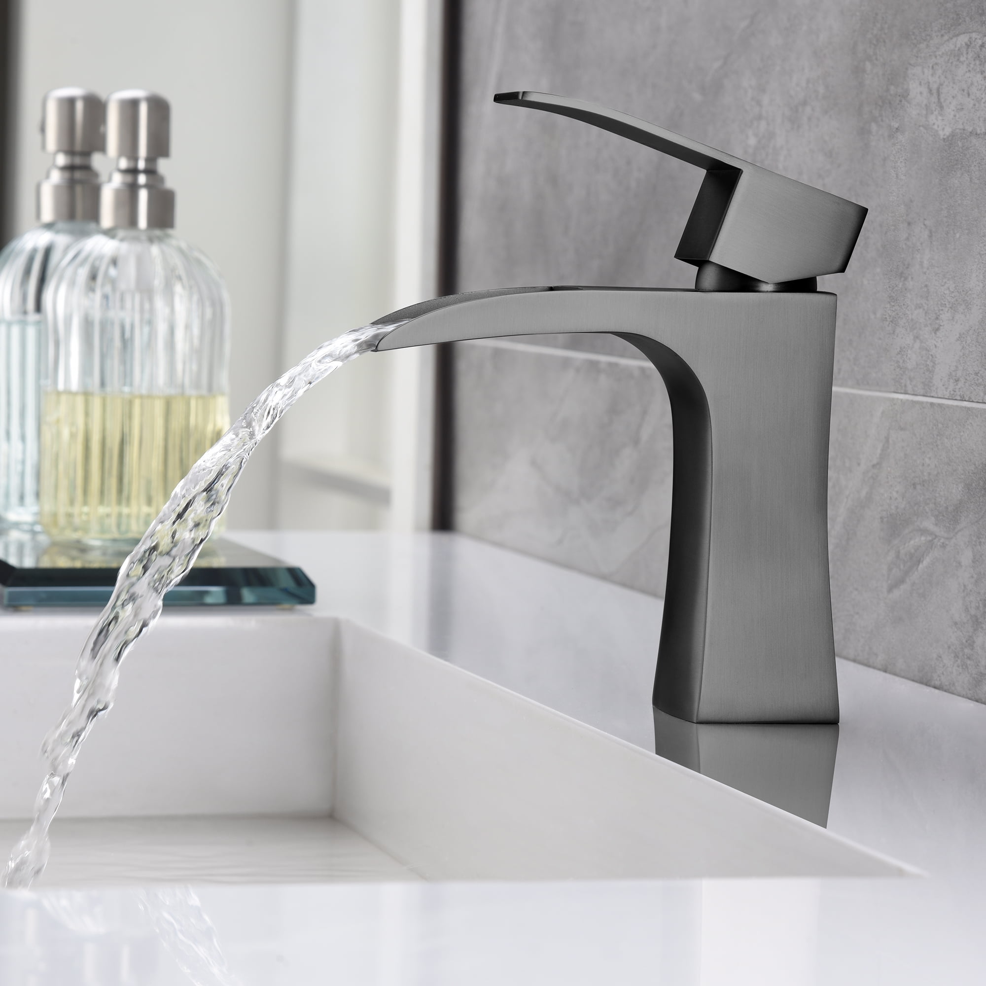 SUMERAIN Waterfall Bathroom Faucet Single Handle Single Hole Metallic Gray Lavatory Sink Faucet Stainless Steel