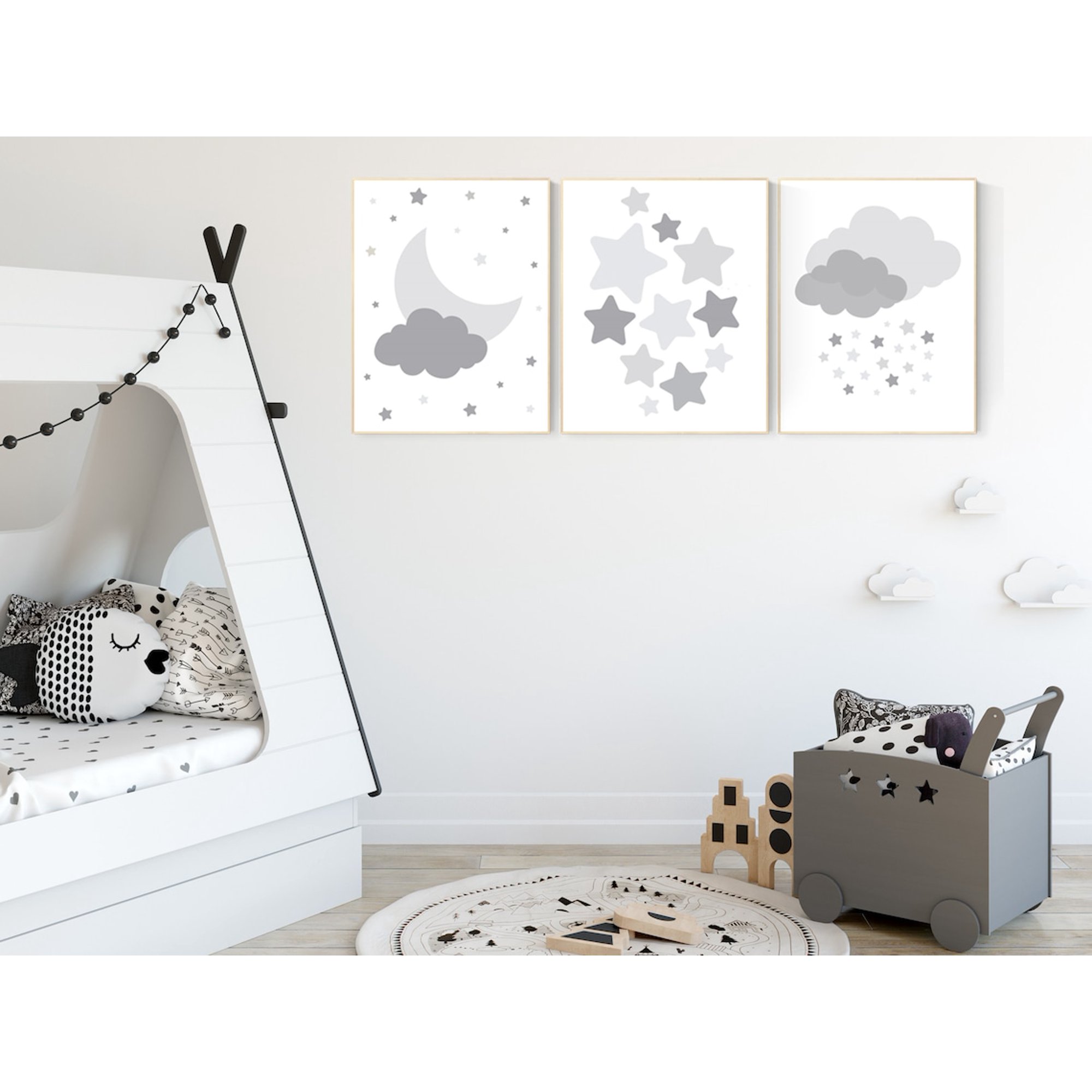 Neutral Nursery Decor Moon Stars Clouds Art Print Set