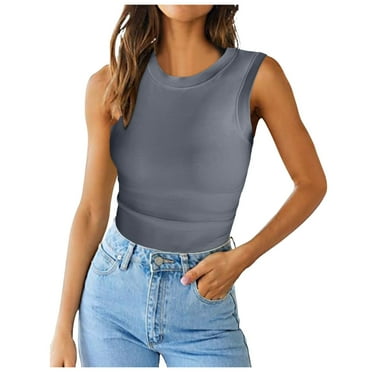 QYZEU Tank Tops for Women 2024 Plus Solid Color Round Neck Slim Fitted Tank Tops Basic Knit Sleeveless Vest Shirts Top Breathable Comfortable Lightweight Tops Grey L
