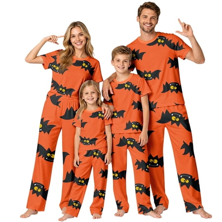 Aroave Baby Halloween Family Matching Romper Cartoon Black Bat Long Sleeve One Piece Orange Jumpsuit Infant Soft Sleepsuit for Halloween Pajama Party 9 Months