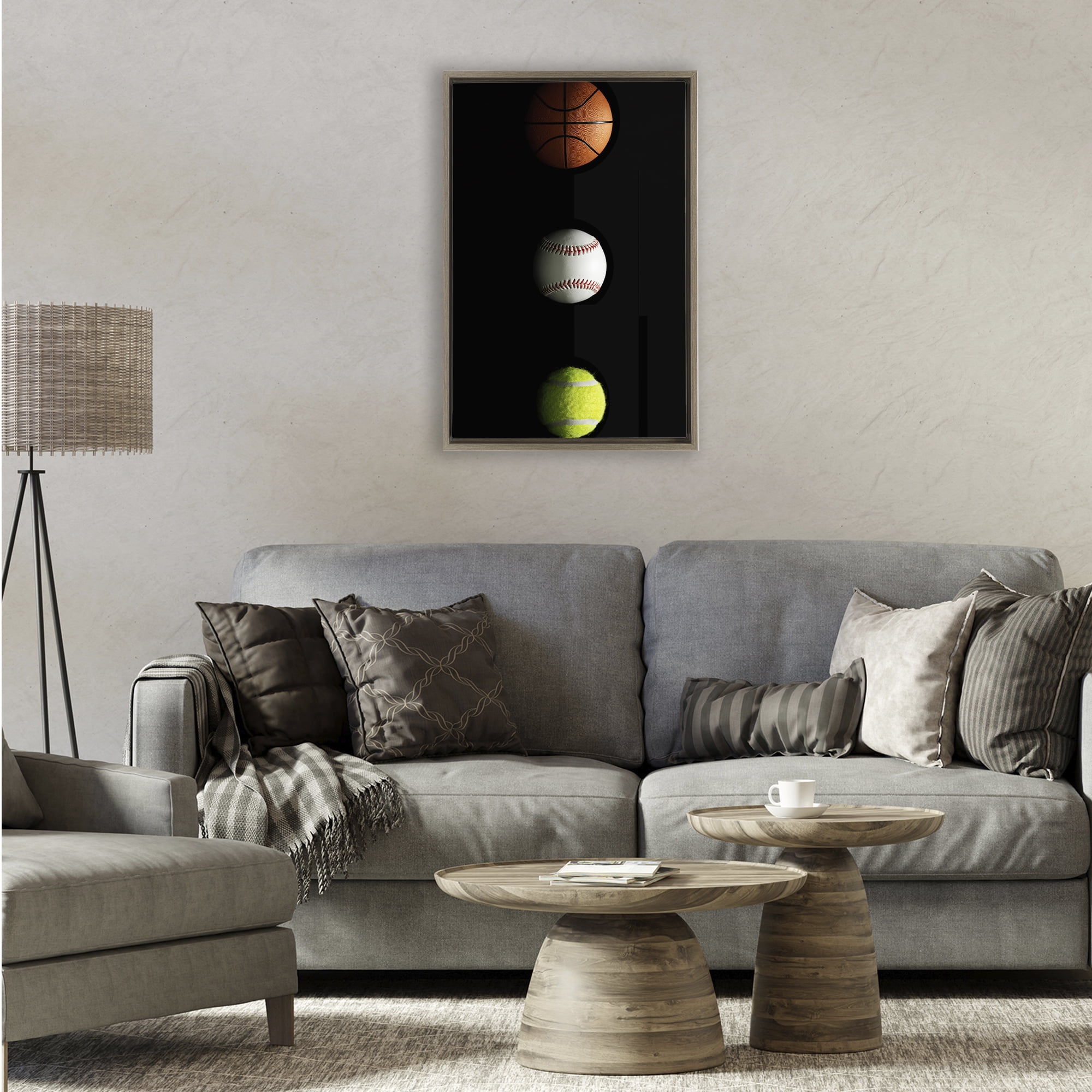 Stupell Industries Sports Balls Spotlight Brown Framed Floater Canvas Wall Art, design by Jesse Keith