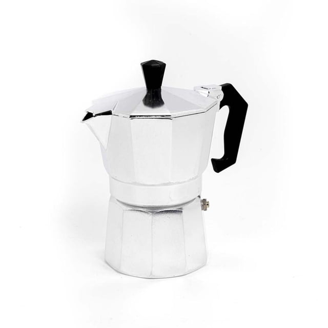 cafetera tetera italiana 6 tazas good & good m63-ce0004 cafetera italiana plateada de acero inoxidable para 6 tazas, vista frontal centrada con cuerpo octagonal pulido, pico vertedor y tapa con pomo negro; mango ergonómico negro resistente al calor, filtro permanente y diseño de 3 partes desmontables; medidas 18 x 17 x 10 cm, adecuada para estufas de gas o eléctricas y uso en casa u oficina; a menudo usada también para preparar café de forma práctica en viajes cortos.