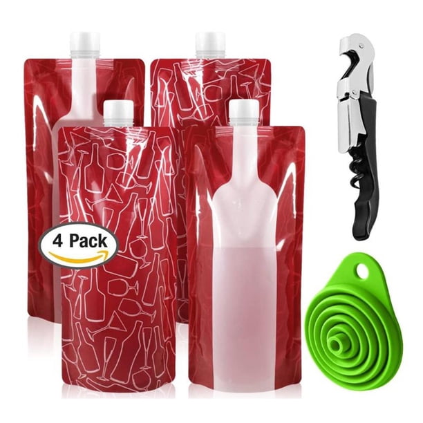 Bolsas De Vino Plegables, Frascos De Vino, Bolsas De Viaje, Bolsas Para Botellas De Vino Con Embudo Plegable Y Abridor De Botellas Para Bebidas De Licor De Vino 4 Uds. Guardurnaity OD012905-00