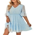 thumbnail image 3 of Femmes Midi Robe Manches Courtes V Cou Jacquard Solide Robe d'Été, 3 of 9
