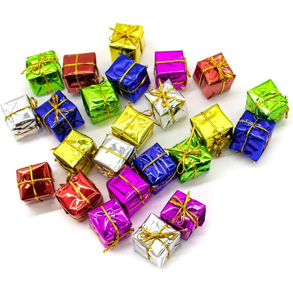 24 Pieces Christmas Tree Mini Boxes Assorted Color Foil Present Box Metallic Christmas Ornaments Assorted Handmade Hanging Decorative Boxes for Christmas Tree (Random Color,1.57inch)