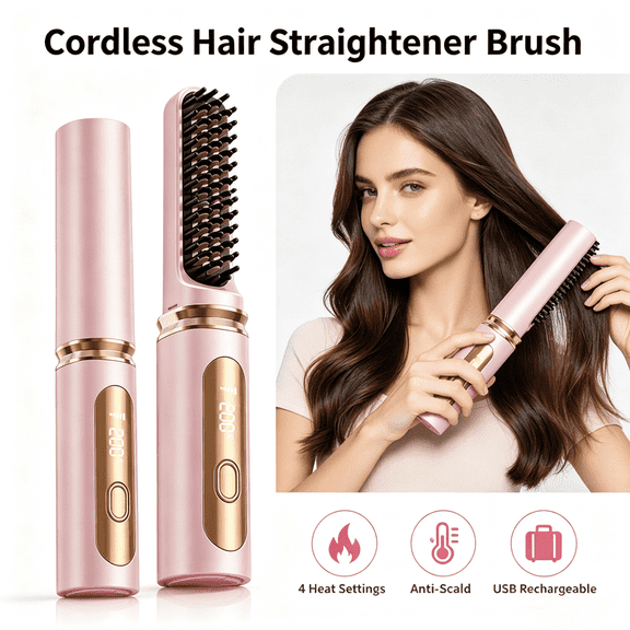 Portable Cordless Hair Straightener Brush, USB Rechargeable Mini Travel Straightening Comb with 4 Heat Settings Negative Ion Anti-Scald Teeth