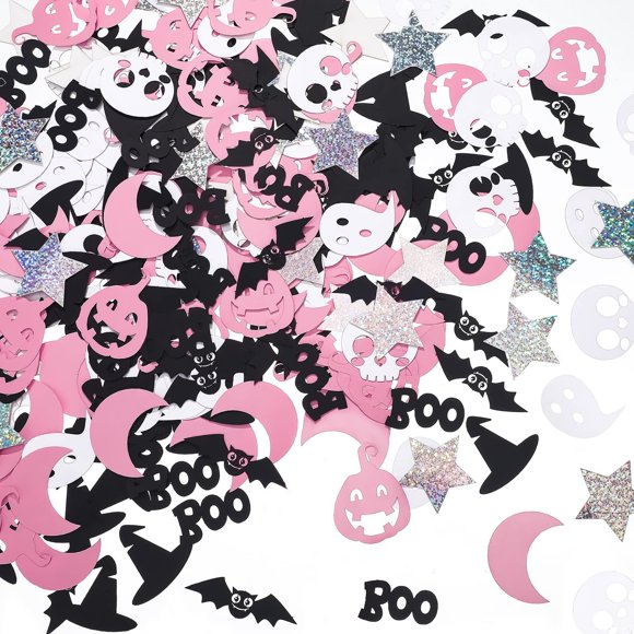 Bat Ghost Confetti Mix - 400 Pcs Pink Black Glitter Party Decorations with Pumpkins, Stars, and Moons for Festive Table Decor and Fun Celebrations in 8 Unique Styles