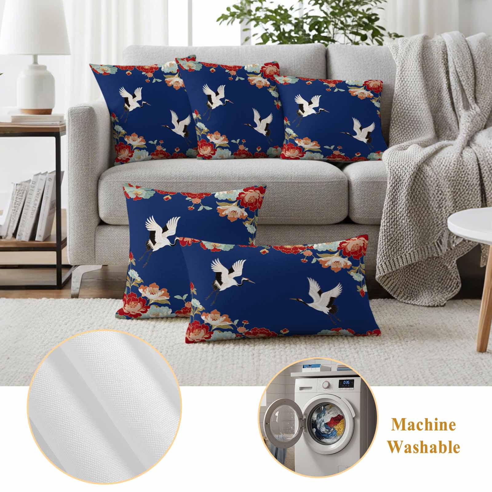 Pack of 2 Blue Crane Outdoor Pillow Covers Decorative, Waterproof Pillow Protector, Vintage Red Teal Spring Floral Botanical Throw Pillowcases Accent Cushion Cases for Patio Couch Sofa 18"x18"