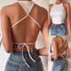 thumbnail image 3 of Gibobby Blusa Mujer Sólido Sin mangas Tops Halter Tank Slim Vendaje Moda Sexy Blusa de mujer(Blanco,CH), 3 of 5