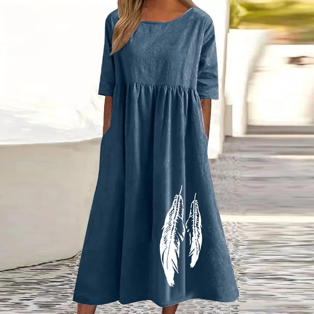 Amzcrzy Robes pour Femmes Robes Grande Taille pour Femmes aux Formes Robes pour Femmes Robe de Printemps et d'Été pour Femmes à Col Rond Imprimée en Coton et Lin Robe Décontractée à Manches Courtes Robe d'Été Robes de Printemps