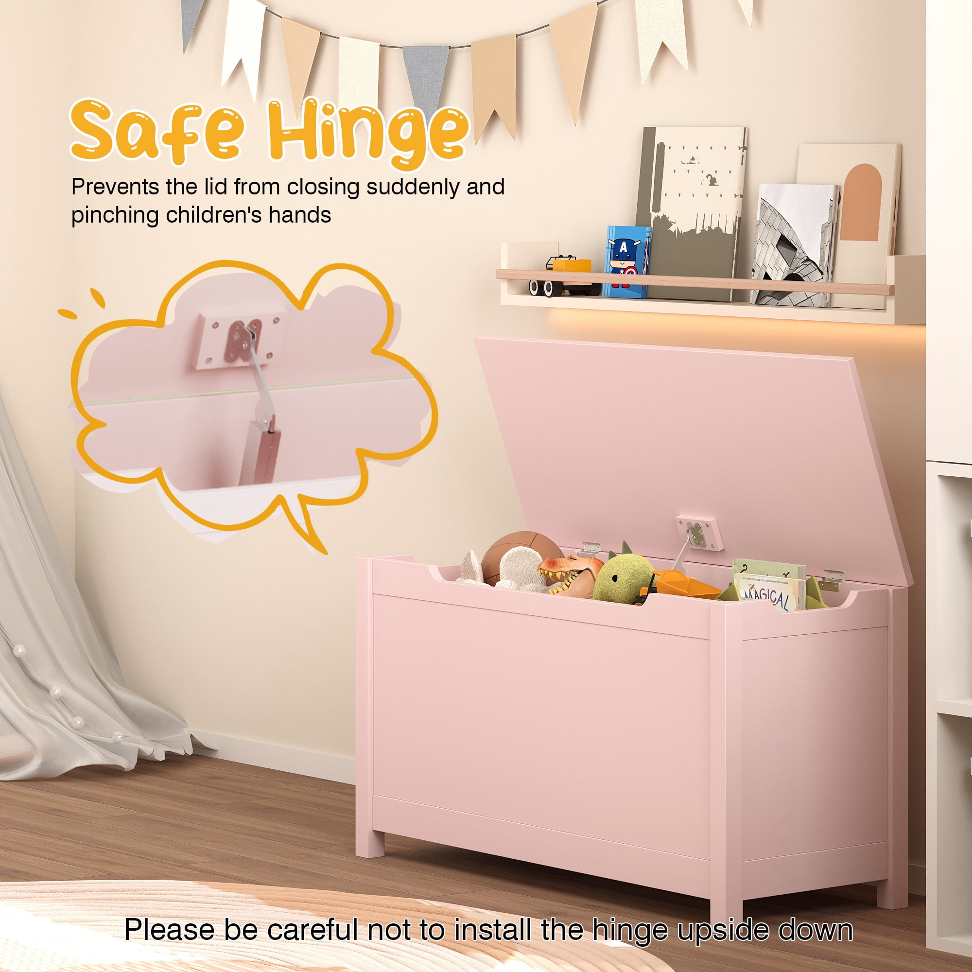 Leumius Kids Wooden Toy Box Storage Organizer with Safety Hinged Lid,Modern Toy Chest for Nursery,Playroom,Pink