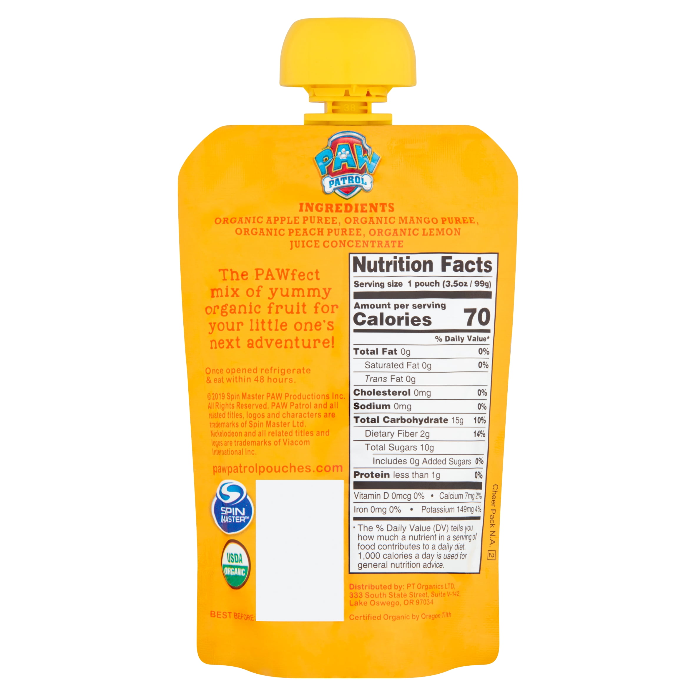 (12 pack) Paw Patrol Mighty Mango Organic Mixed Fruit Puree, 3.5 oz Toddler Snack
