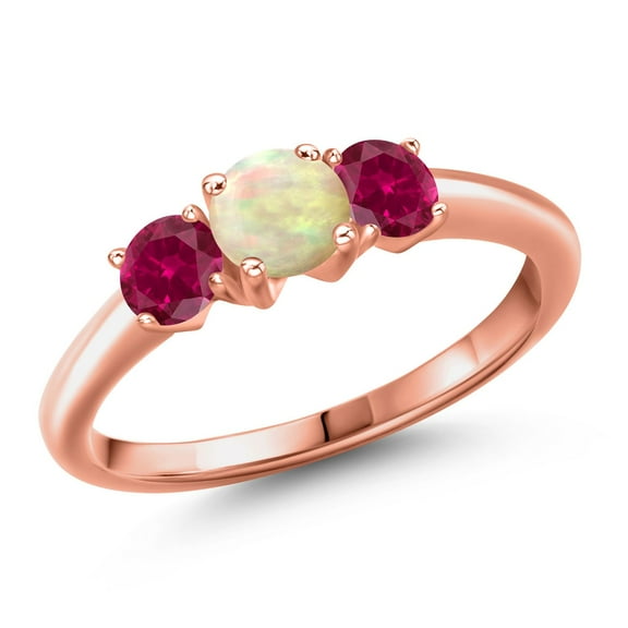 Gem Stone King 18K Rose Gold Plated Silver White Ethiopian Opal and Red Created Ruby Engagement Ring for Women | 0.80 Cttw | Round Cabochon 5MM | Gemstone October Birthstone | Size 9